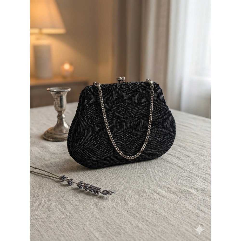 Vtg Richere Black Beaded Evening Purse Hand Made in Japan Rhinestone Clasp